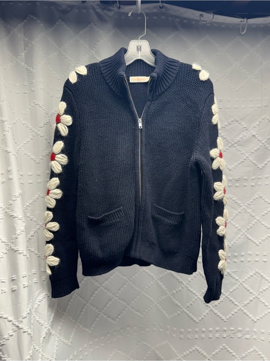 Tory Burch Sweaters - Tory Burch Navy Blue Floral Embroidered Zip-Up Sweater, Size M